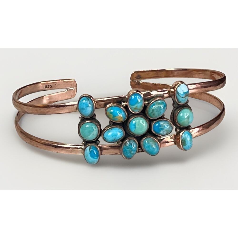 Southwestern Copper Kingman Turquoise Cluster Cuff Bracelet Handmade Statement - Picture 5 of 14